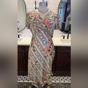 Authentic John Galliano Y2K Silky Floral Bias Cut Dress Striped Draped Midi 8-10